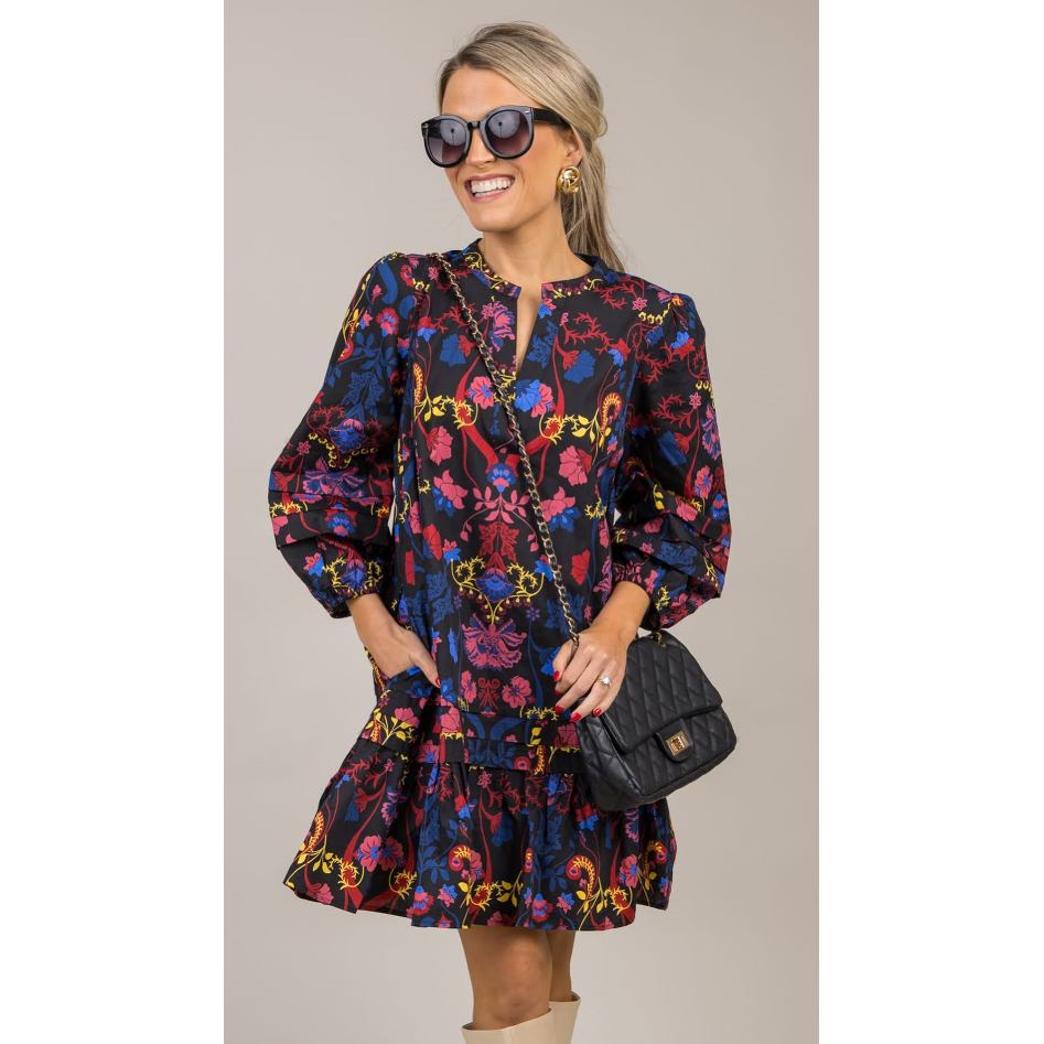 Gray Midnight Palmero Floral Ruffle Shift Dress