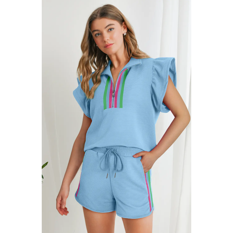 Flutter Sleeve Banded Trim Ribbed Short Set