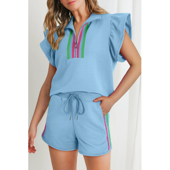 Flutter Sleeve Banded Trim Ribbed Short Set
