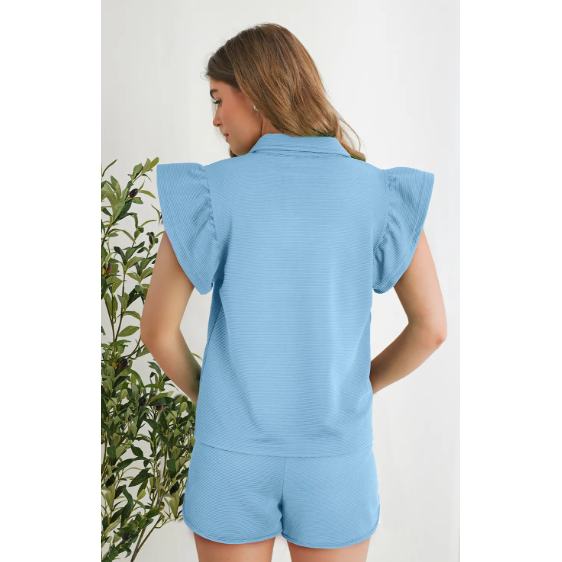 Flutter Sleeve Banded Trim Ribbed Short Set