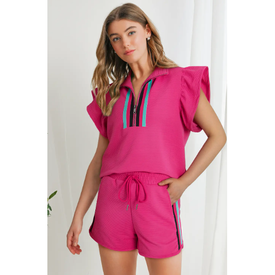 Flutter Sleeve Banded Trim Ribbed Short Set
