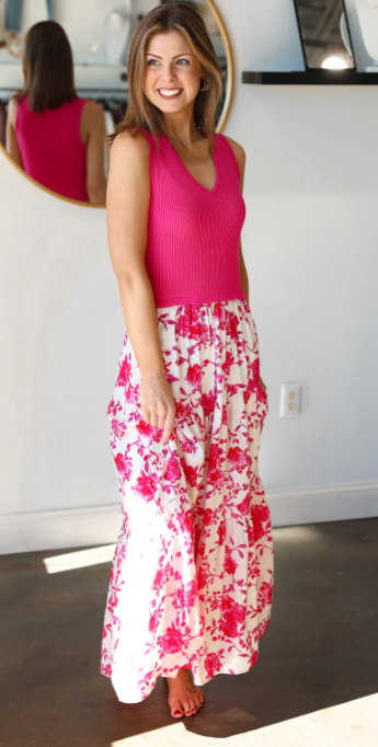 Floral Mixed Media Dress - Fuchsia