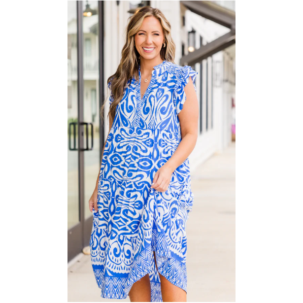 Umgee Tiered Midi Dress with Ruffled Sleeves- Blue/White