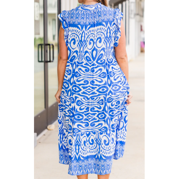Umgee Tiered Midi Dress with Ruffled Sleeves- Blue/White