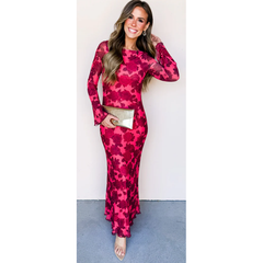 Lavender Holland Bell Sleeve Rose Printed Maxi Dress
