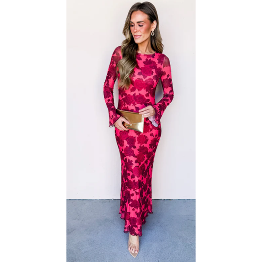 Holland Bell Sleeve Rose Printed Maxi Dress