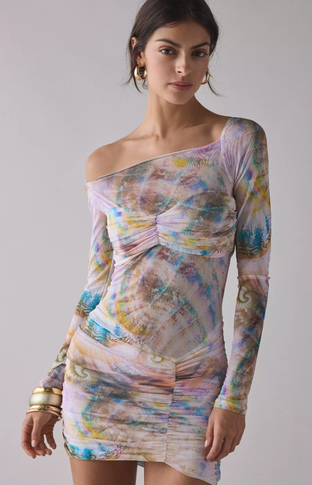 AFRM Ramsey Semi-Sheer Printed Mesh Ruched Bodycon Mini Dress