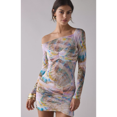 Gray AFRM Ramsey Semi-Sheer Printed Mesh Ruched Bodycon Mini Dress
