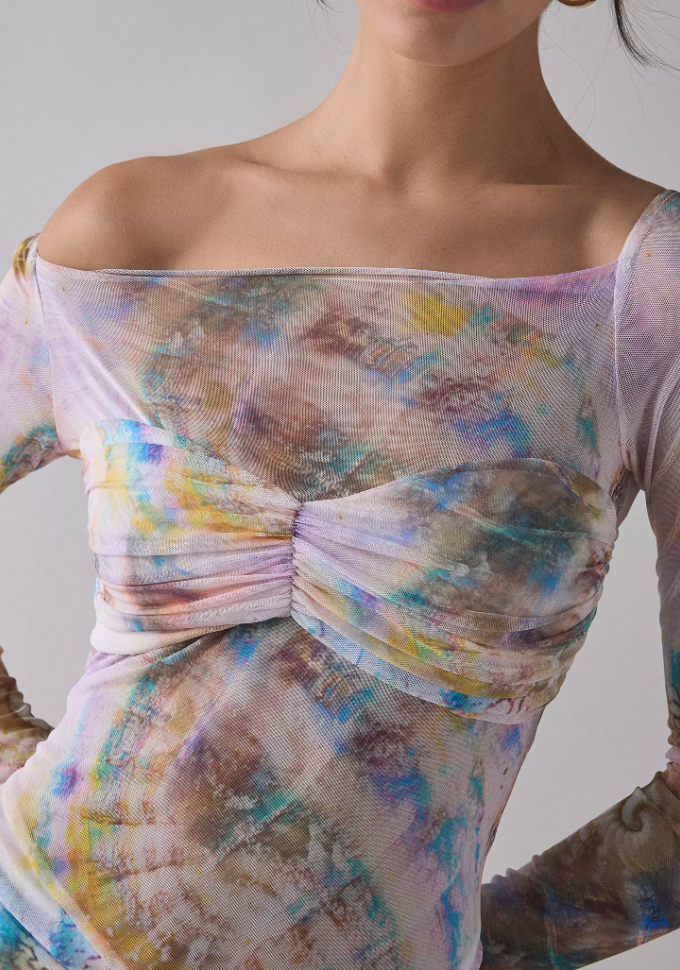 AFRM Ramsey Semi-Sheer Printed Mesh Ruched Bodycon Mini Dress