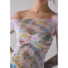Gray AFRM Ramsey Semi-Sheer Printed Mesh Ruched Bodycon Mini Dress