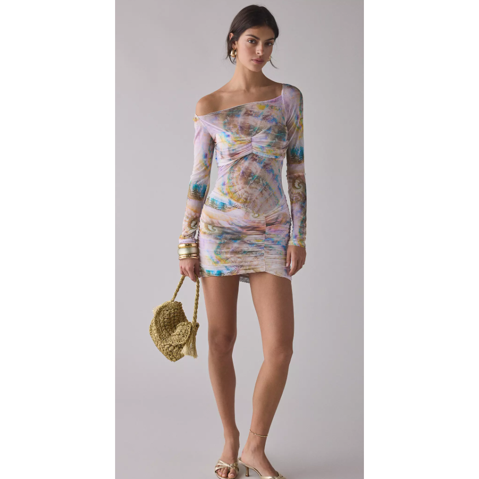 Gray AFRM Ramsey Semi-Sheer Printed Mesh Ruched Bodycon Mini Dress