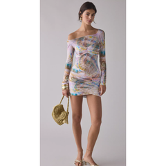 Gray AFRM Ramsey Semi-Sheer Printed Mesh Ruched Bodycon Mini Dress