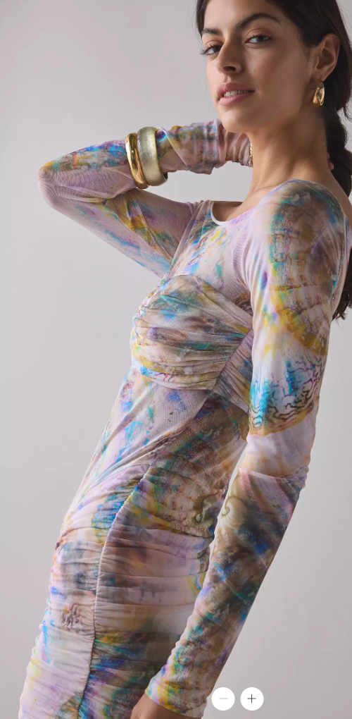 AFRM Ramsey Semi-Sheer Printed Mesh Ruched Bodycon Mini Dress