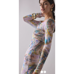 Gray AFRM Ramsey Semi-Sheer Printed Mesh Ruched Bodycon Mini Dress