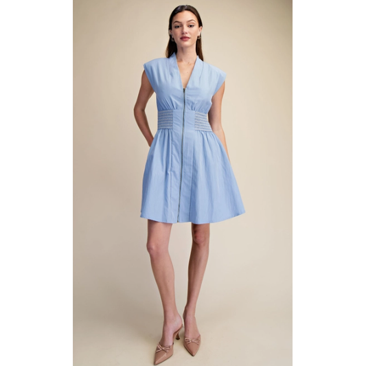 V-Neck Front Zip Waist Smocked Shoulder Pad Mini Dress