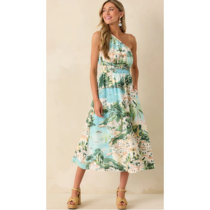 Piti Town Islay Smocked Blue Multi Shoreline Print One Shoulder Midi Dress