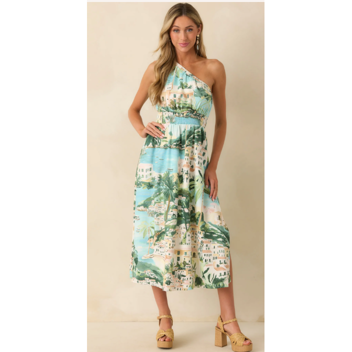 Piti Town Islay Smocked Blue Multi Shoreline Print One Shoulder Midi Dress