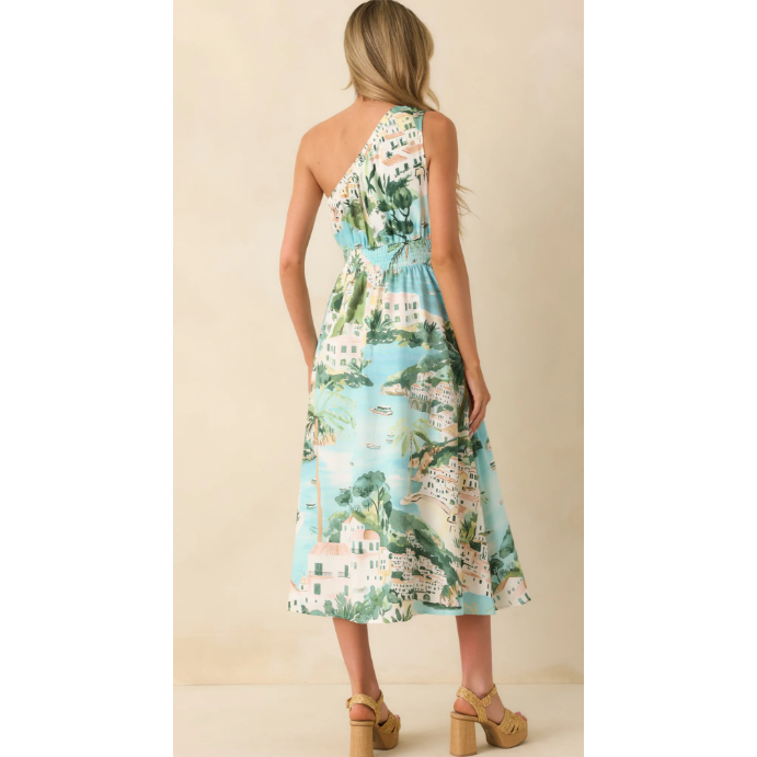 Piti Town Islay Smocked Blue Multi Shoreline Print One Shoulder Midi Dress