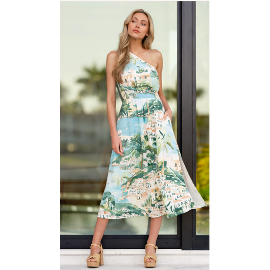 Piti Town Islay Smocked Blue Multi Shoreline Print One Shoulder Midi Dress