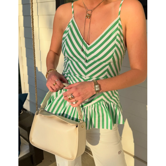 Striped Sleeveless Peplum Top with Chevron Bodice