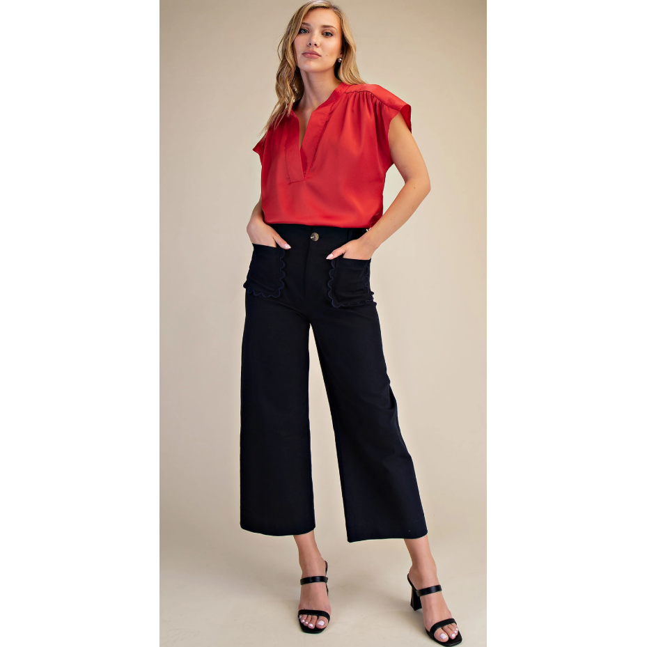 Gray Colette Wide-Leg Scallop Pocket Pants