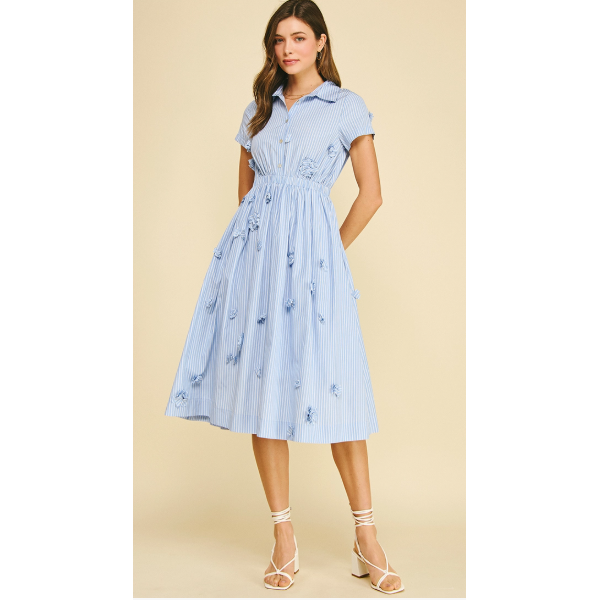 Wheat Sandy Floral Embroidered Stripe Midi Dress