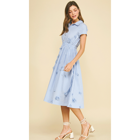 Wheat Sandy Floral Embroidered Stripe Midi Dress
