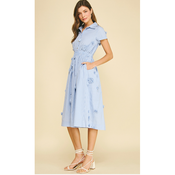 Wheat Sandy Floral Embroidered Stripe Midi Dress