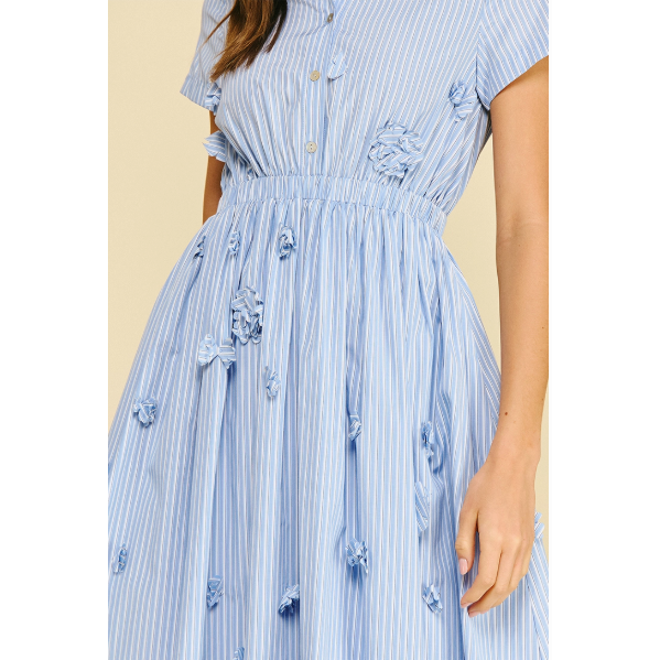 Light Gray Sandy Floral Embroidered Stripe Midi Dress