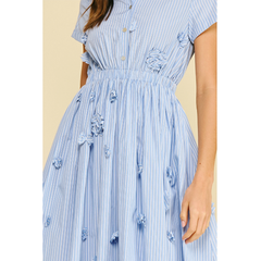 Light Gray Sandy Floral Embroidered Stripe Midi Dress