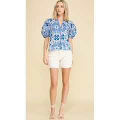 Wheat Mediterranean Tile Puff Sleeve Top