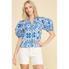 Light Gray Mediterranean Tile Puff Sleeve Top