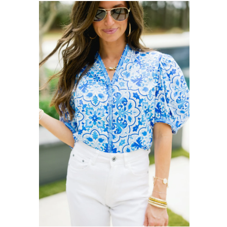 Lavender Mediterranean Tile Puff Sleeve Top