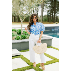White Smoke Mediterranean Tile Puff Sleeve Top