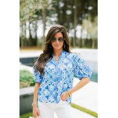 White Smoke Mediterranean Tile Puff Sleeve Top