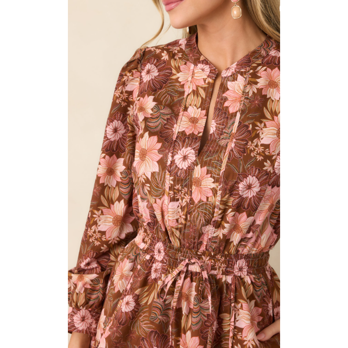 A Little Nostalgia Brown & Pink Floral Cotton Mini Dress