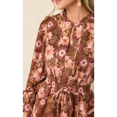 Antique White A Little Nostalgia Brown & Pink Floral Cotton Mini Dress