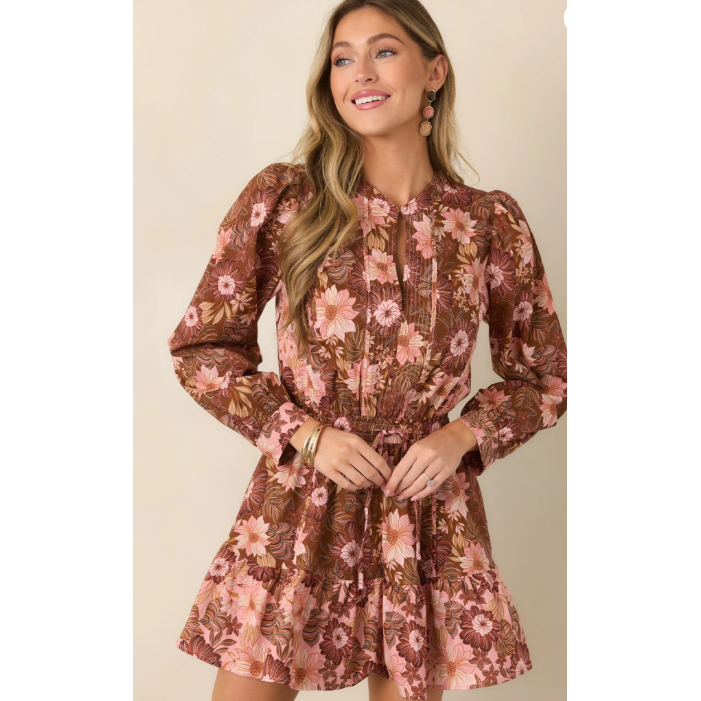 A Little Nostalgia Brown & Pink Floral Cotton Mini Dress