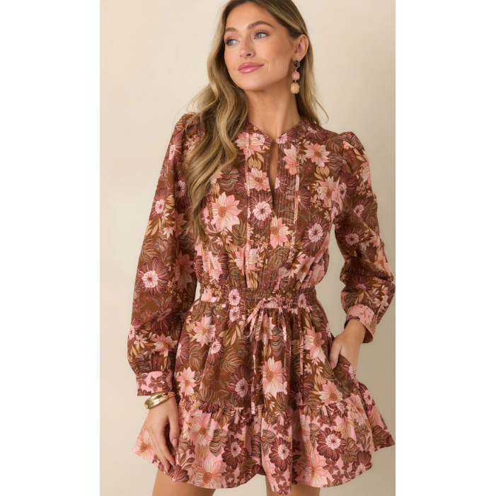 A Little Nostalgia Brown & Pink Floral Cotton Mini Dress