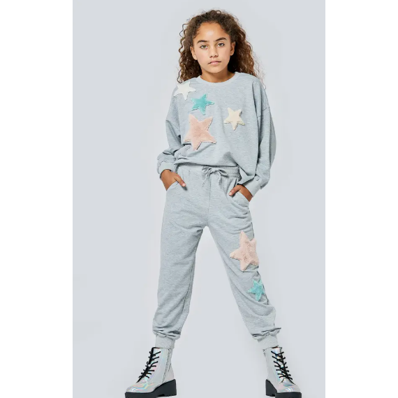 Hannah Banana Girls Sporty Faux Fur Pastel Stars Pullover Sweatshirt