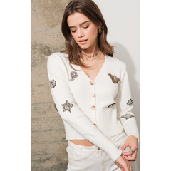 Beaded Flower Bee Star Sweater Cardigan
