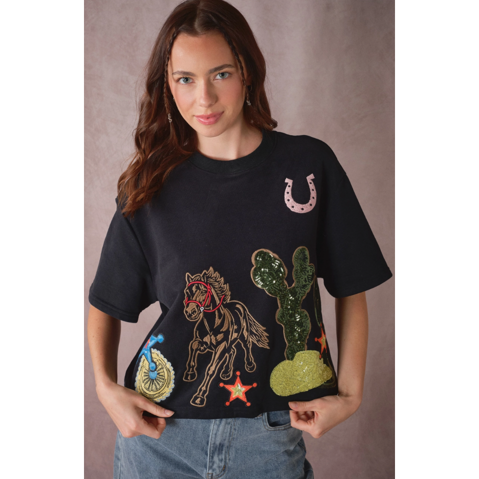 Western Patch Embroidered Knit Top
