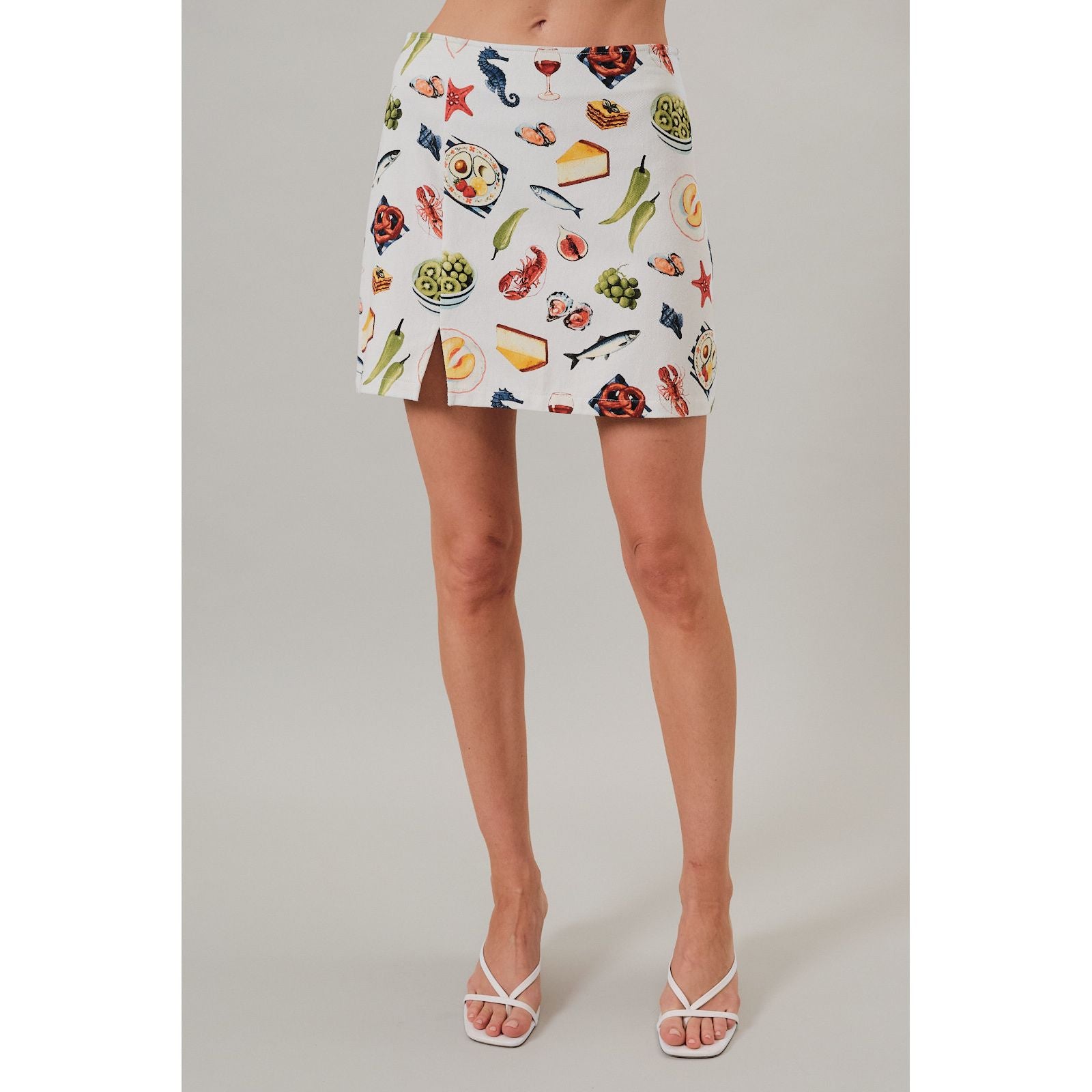 Gray Seafood Print High Waisted Denim Mini Skirt with Slit