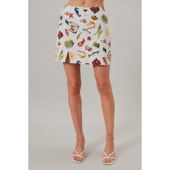 Gray Seafood Print High Waisted Denim Mini Skirt with Slit