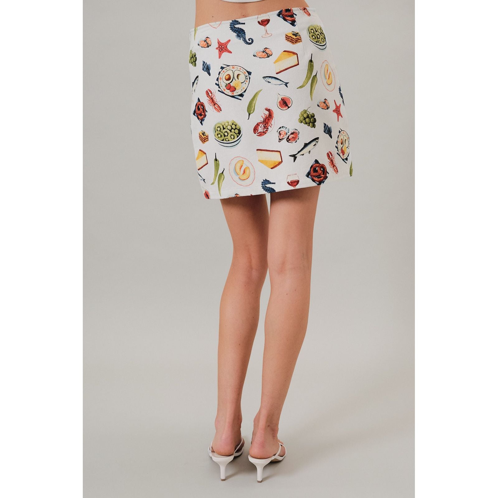 Gray Seafood Print High Waisted Denim Mini Skirt with Slit