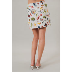 Gray Seafood Print High Waisted Denim Mini Skirt with Slit