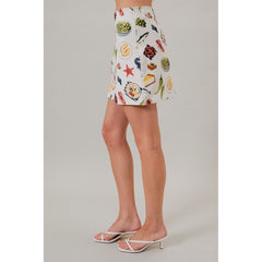 Gray Seafood Print High Waisted Denim Mini Skirt with Slit