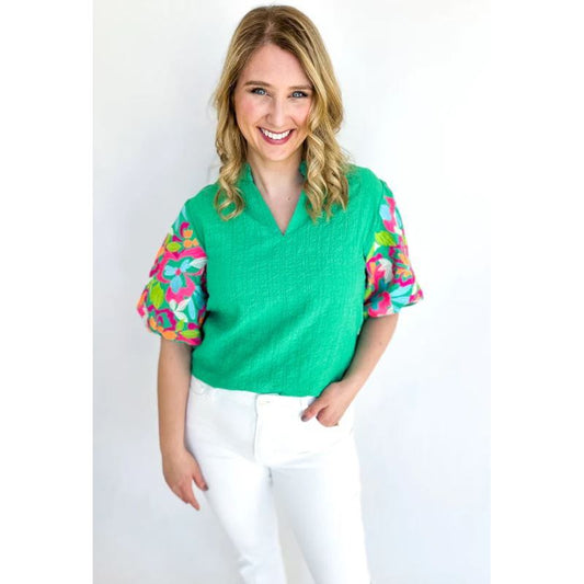 THML Textured Kelly Green Embroidered Blouse