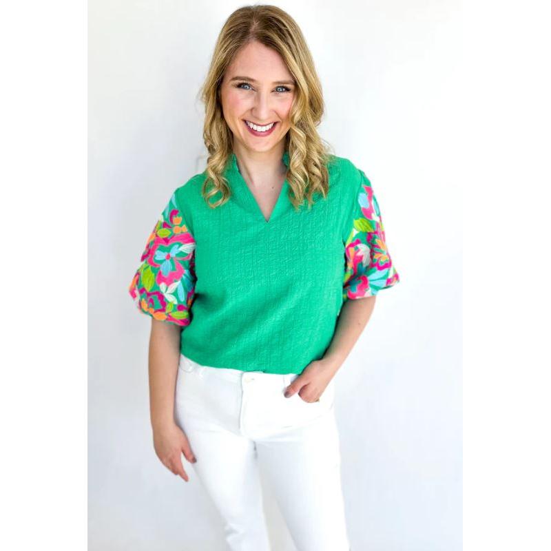Textured Kelly Green Embroidered Blouse