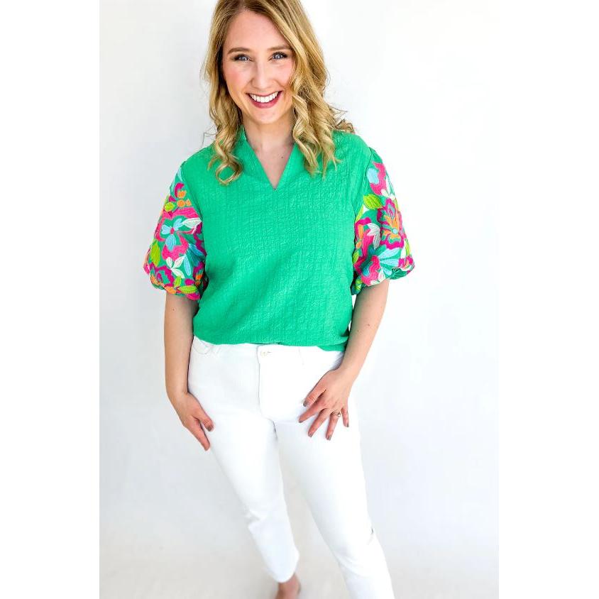 THML Textured Kelly Green Embroidered Blouse